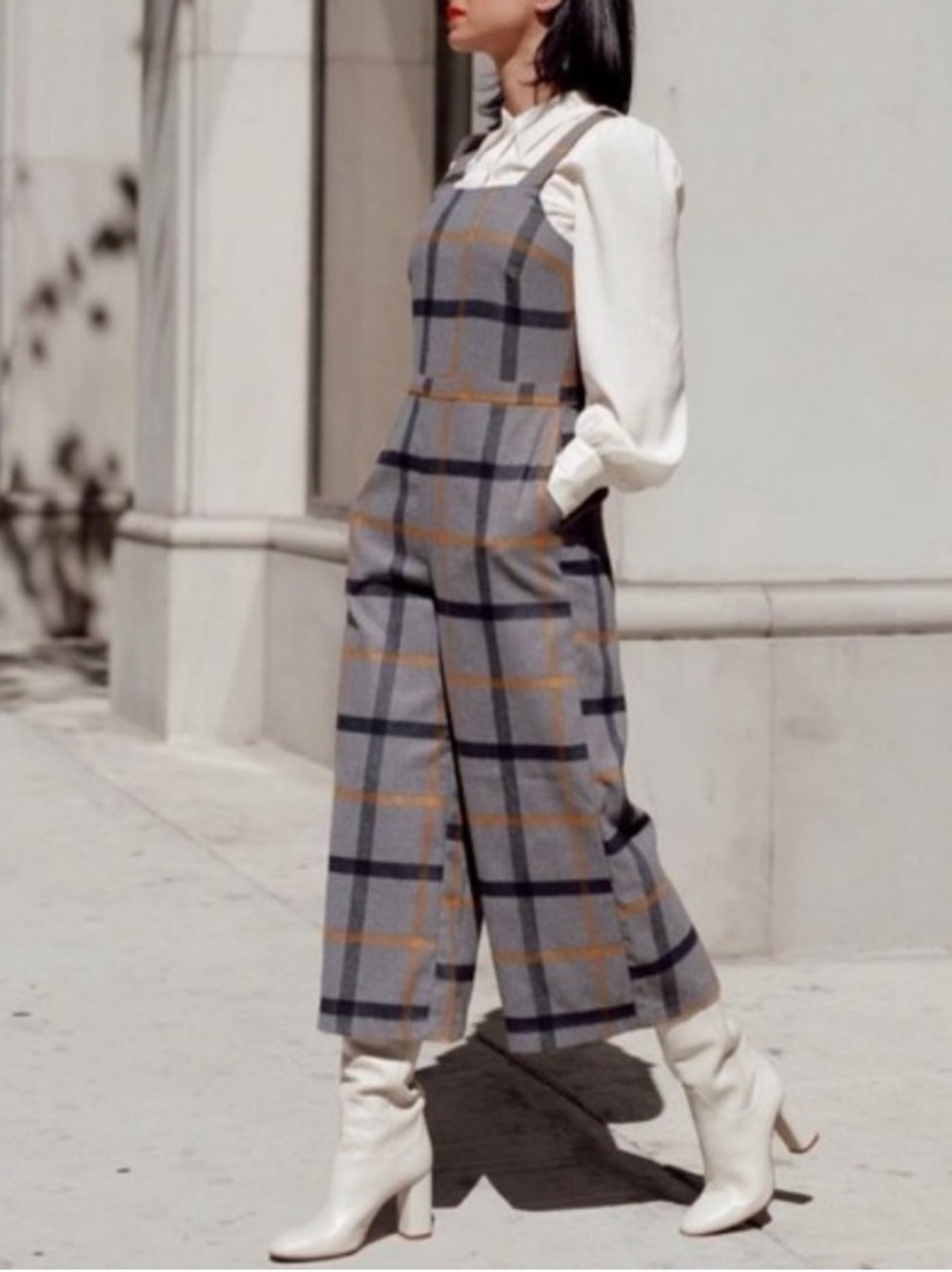 ModCloth Plenty of Panache Plaid Cropped Wide Leg Jumpsuit Gray Mustard 1X NWT